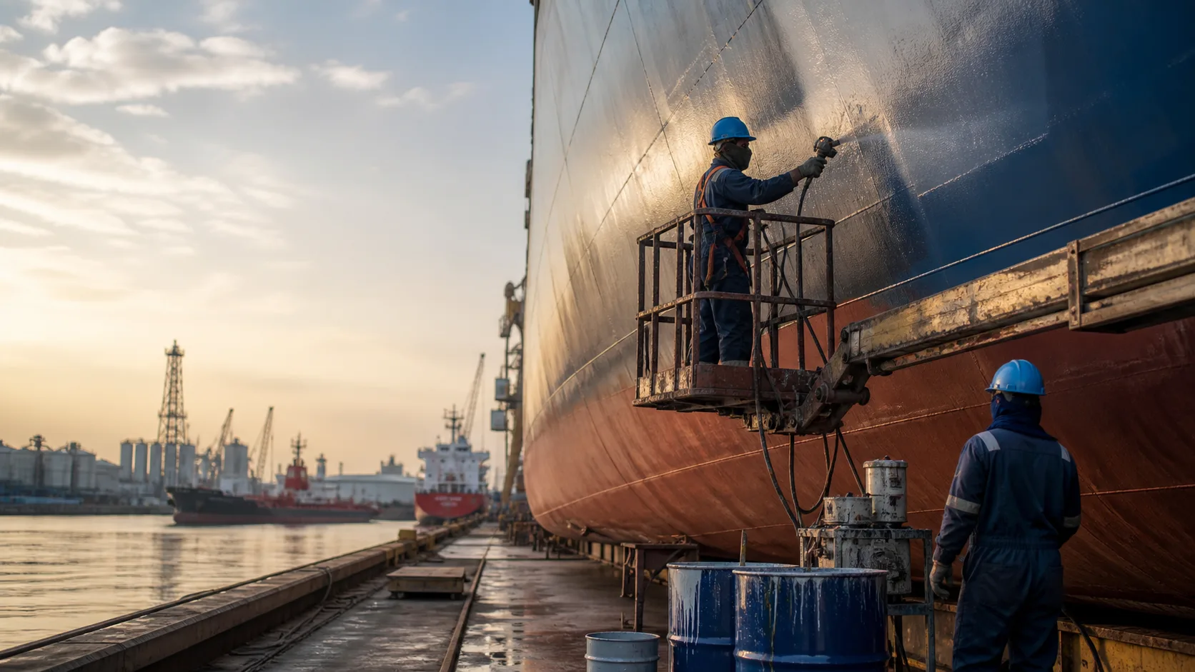 Pekerjaan marine coating pada lambung kapal di area galangan industri